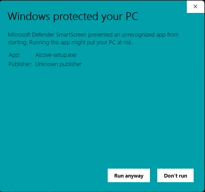 SmartScreen prompt after clicking More info, now showing the Run anyway button